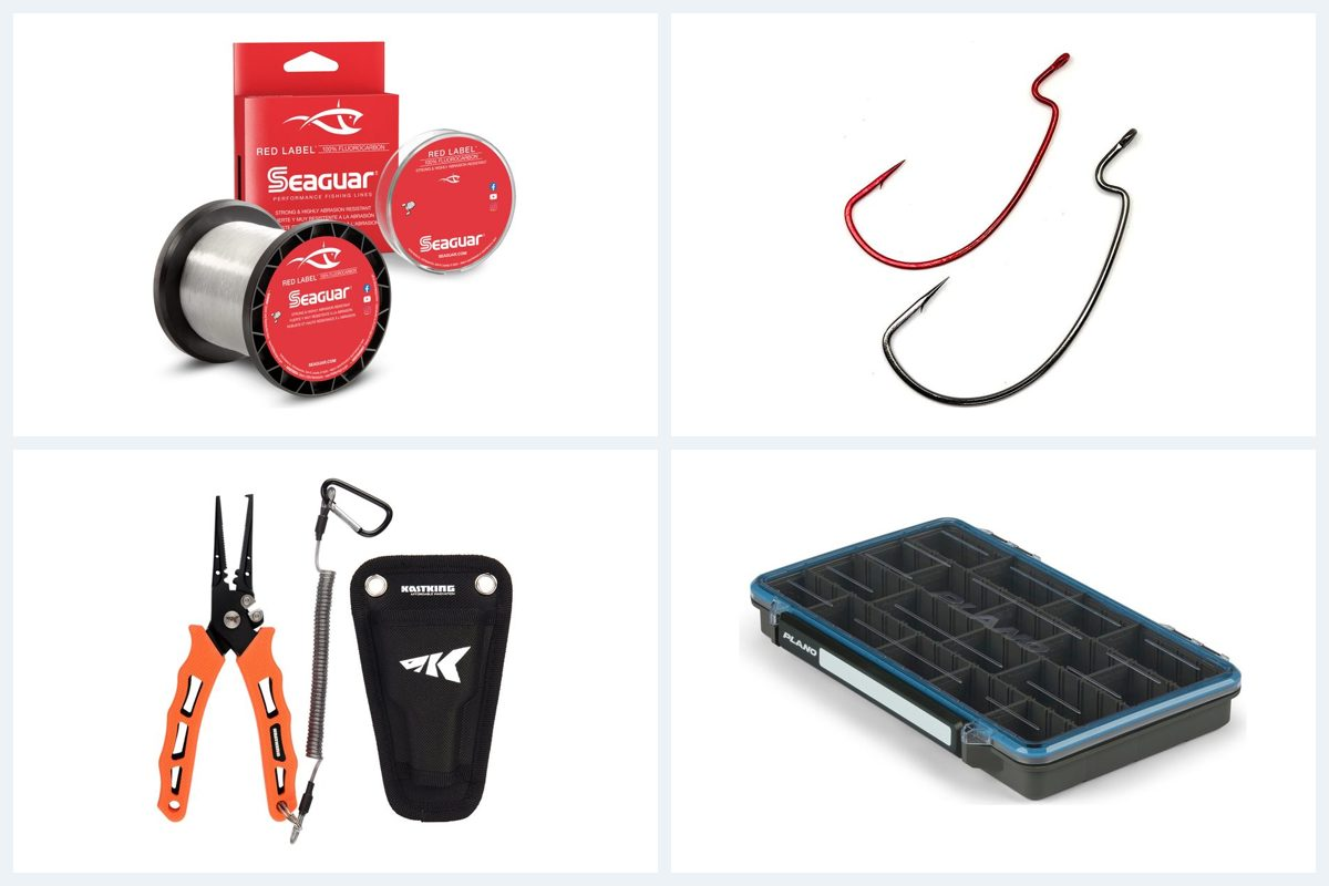 Product photos of Seaguar Red Label line, Gamakatsu EWG hooks, KastKing Cutthroat pliers and a Plano StowAway 3700 box