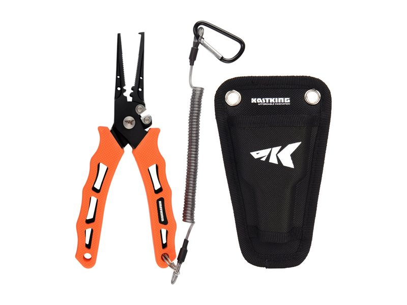 KastKing Cutthroat 7 inch split ring nose pliers in orange with sheath and coiled lanyard